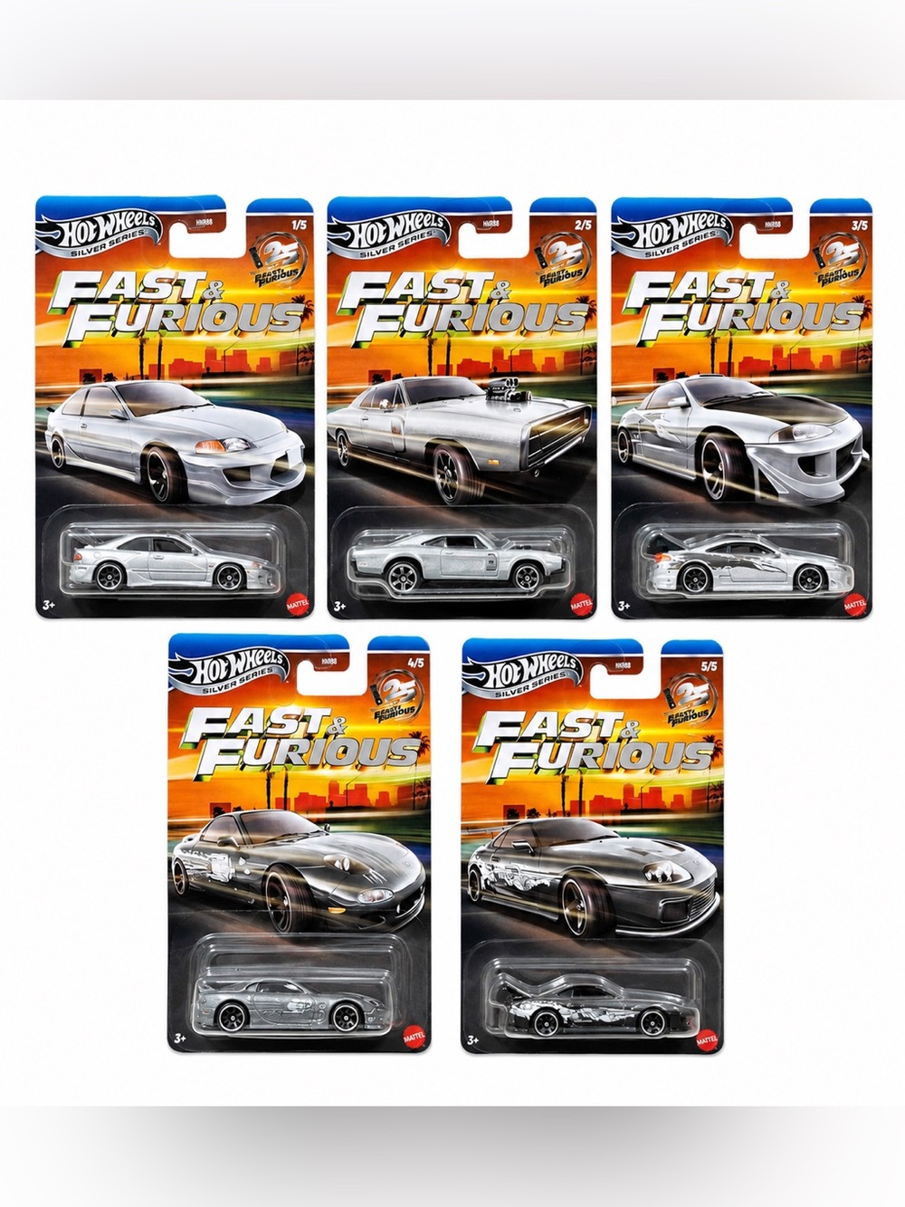 Hot Wheels Fast & Furious Silver Die-Cast Car Set (5) Zamac 5/5 Complete serie